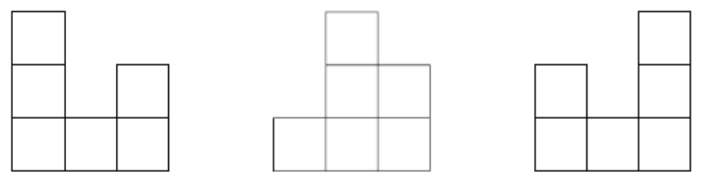 Três vistas em malha de quadrados, da esquerda para a direita. Primeira: colunas de alturas 3, 1 e 2. Segunda: colunas de alturas 1, 3 e 2. Terceira: colunas de alturas 2, 1 e 3.