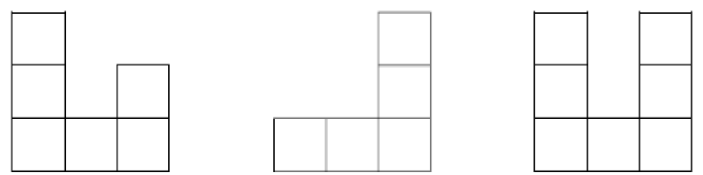 Três vistas em malha de quadrados, da esquerda para a direita. Primeira: colunas de alturas 3, 1 e 2. Segunda: colunas de alturas 1, 1 e 3. Terceira: colunas de alturas 3, 1 e 3.