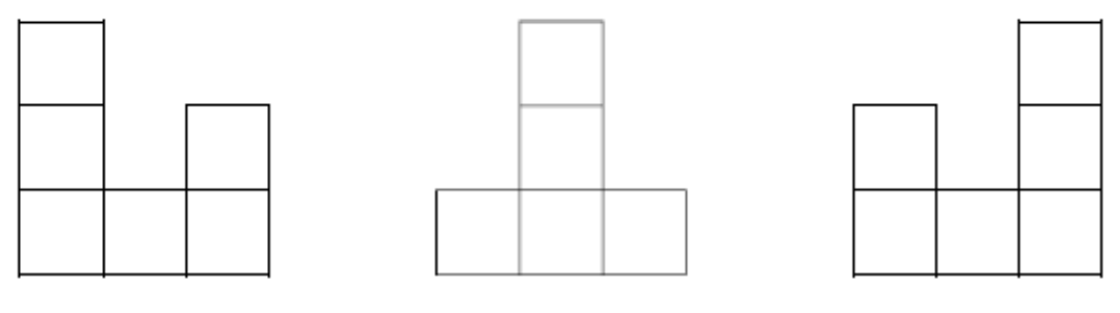 Três vistas em malha de quadrados, da esquerda para a direita. Primeira: colunas de alturas 3, 1 e 2. Segunda: colunas de alturas 1, 3 e 1. Terceira: colunas de alturas 2, 1 e 3.