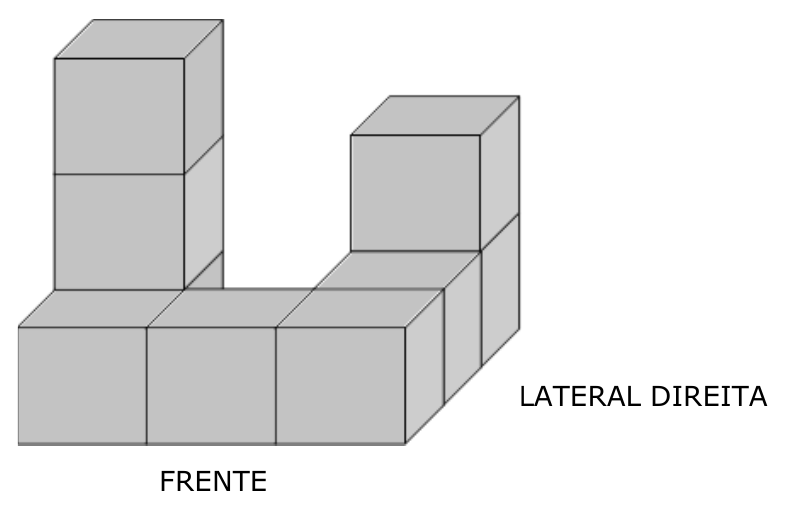 Perspectiva de cubos de feno iguais empilhados: uma fileira frontal de três cubos na base, uma pilha com mais dois cubos sobre o cubo da esquerda e, atrás à direita, cubos formando outra coluna mais baixa. Indicações FRENTE (abaixo) e LATERAL DIREITA (à direita).