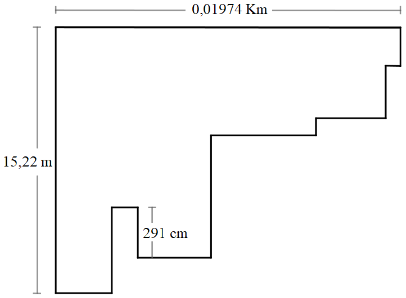 Contorno de um terreno com todos os lados formando ângulos retos: lado superior medindo 0,01974 Km; lado esquerdo vertical medindo 15,22 m; lado direito descendo em degraus; na parte inferior, um recorte retangular com um segmento vertical de 291 cm indicado.