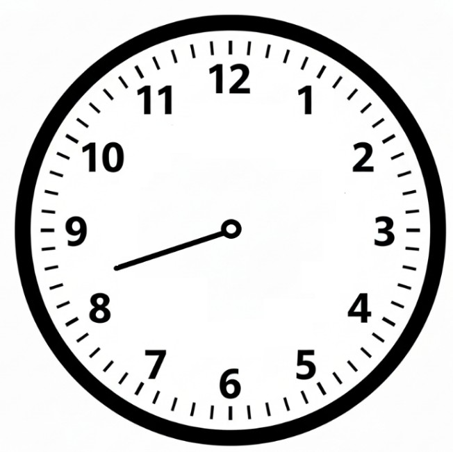 Relógio analógico com os números de 1 a 12 e marcações de minutos, com um único ponteiro (das horas) apontando para a marcação situada entre o 8 e o 9, mais próxima do 8.