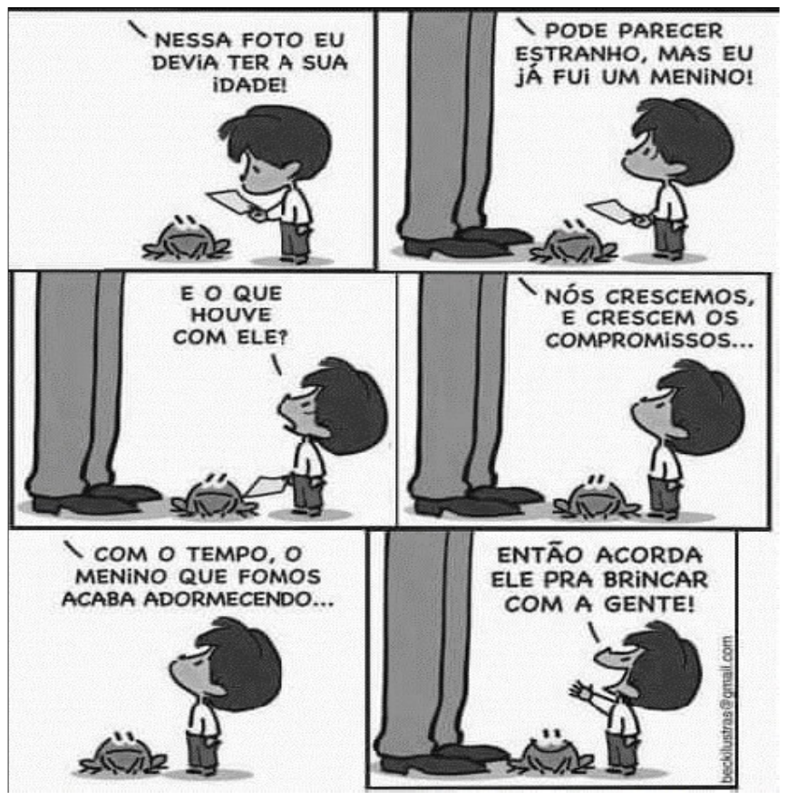 Tirinha de Armandinho em seis quadros. 1) Armandinho segura uma fotografia e diz: “Nessa foto eu devia ter a sua idade!” (fala do pai, de quem só aparecem as pernas); 2) “Pode parecer estranho, mas eu já fui um menino!”; 3) Armandinho pergunta: “E o que houve com ele?”; 4) o pai: “Nós crescemos, e crescem os compromissos...”; 5) “Com o tempo, o menino que fomos acaba adormecendo...”; 6) Armandinho, de braços abertos: “Então acorda ele pra brincar com a gente!”. Um sapo aparece aos pés de Armandinho.