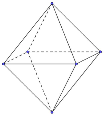 Desenho em perspectiva de um octaedro regular: dois vértices, um em cima e outro embaixo, ligados a quatro vértices de um quadrado intermediário; as arestas ocultas aparecem tracejadas.