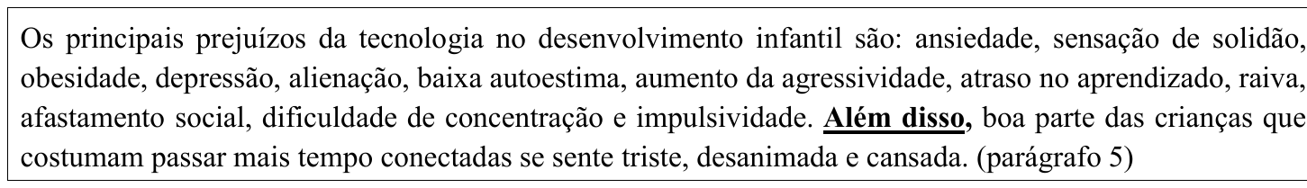 Trecho em caixa: “Os principais prejuízos da tecnologia no desenvolvimento infantil são: ansiedade, sensação de solidão, obesidade, depressão, alienação, baixa autoestima, aumento da agressividade, atraso no aprendizado, raiva, afastamento social, dificuldade de concentração e impulsividade. Além disso, boa parte das crianças que costumam passar mais tempo conectadas se sente triste, desanimada e cansada. (parágrafo 5)”. Trecho destacado (negrito e sublinhado): “Além disso,”.