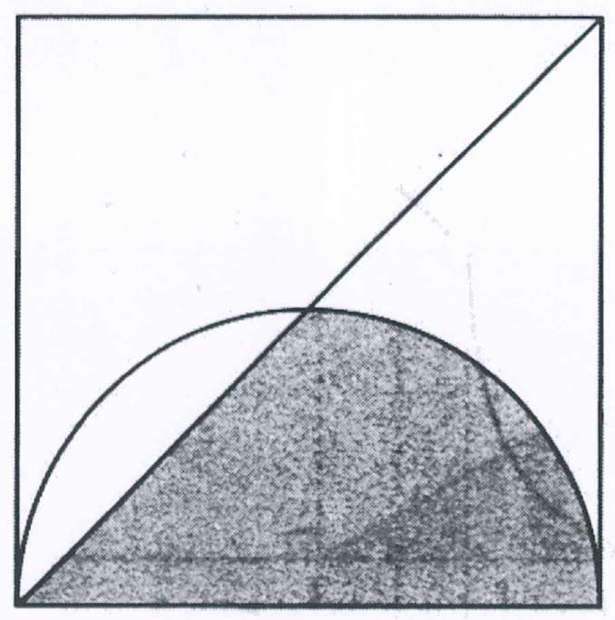 Quadrado com uma diagonal do vértice inferior esquerdo ao superior direito e uma semicircunferência apoiada no lado inferior; a região hachurada fica dentro da semicircunferência, à direita da diagonal.
