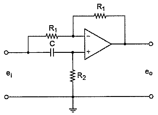 Circuito com amplificador operacional: entrada ei ligada a um resistor R1 até a entrada inversora (−) e a um capacitor C até a entrada não inversora (+); resistor R2 da entrada não inversora para o terra; resistor de realimentação R1 entre a saída e a entrada inversora; saída eo.