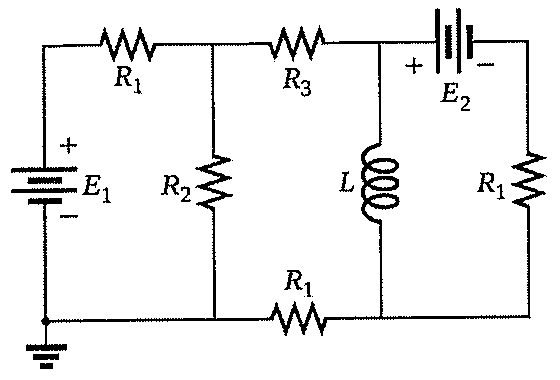 Circuito com fonte E1 (à esquerda, aterrada), resistores R1 e R3 no ramo superior, R2 em paralelo, indutor L em ramo vertical central, fonte E2 e resistor R1 no ramo direito, e resistor R1 no ramo inferior entre R2 e L.
