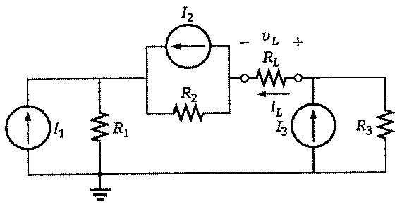 Circuito com fonte de corrente I1 em paralelo com R1 (aterrado), fonte de corrente I2 em paralelo com R2 no ramo superior, resistor de carga RL com tensão vL (− à esquerda, + à direita) e corrente iL indicada da direita para a esquerda, e fonte de corrente I3 em paralelo com R3 à direita.