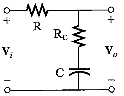 Filtro passa-baixas: resistor R em série da entrada Vi para a saída Vo; ramo em derivação formado pelo resistor RC em série com o capacitor C, ligado entre a saída e a linha de retorno.