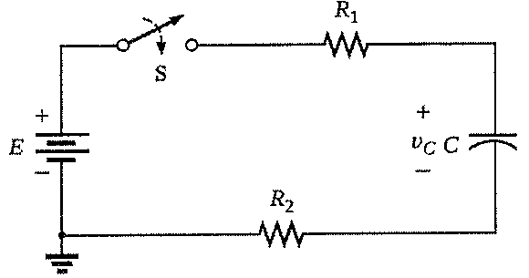 Circuito série com fonte E, chave S, resistor R1, capacitor C (tensão vC) e resistor R2, com o terminal negativo da fonte aterrado.