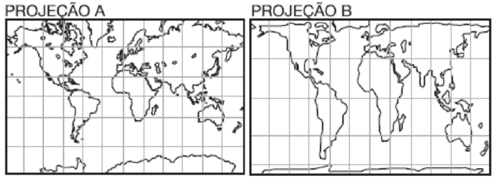 Dois mapas-múndi lado a lado com contorno dos continentes e malha de coordenadas: “PROJEÇÃO A”, com as áreas de altas latitudes ampliadas (Groenlândia e Europa grandes, padrão da projeção de Mercator), e “PROJEÇÃO B”, com os continentes alongados no sentido norte-sul e as áreas de altas latitudes achatadas (padrão da projeção de Gall-Peters).