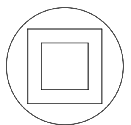 Figura: um círculo com um quadrado maior inscrito em seu interior e, dentro deste, um quadrado menor, todos concêntricos.
