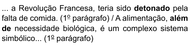 ... a Revolução Francesa, teria sido detonado pela falta de comida. (1º parágrafo) / A alimentação, além de necessidade biológica, é um complexo sistema simbólico... (1º parágrafo). Destacados em negrito: “detonado” e “além de”.