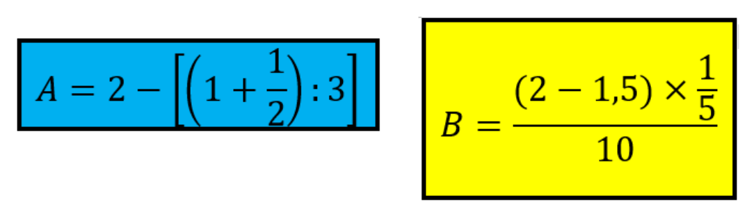 Dois cartões. Cartão azul: A = 2 − [(1 + 1/2) : 3]. Cartão amarelo: B = [(2 − 1,5) × 1/5] / 10, isto é, o produto (2 − 1,5) × 1/5 no numerador e 10 no denominador.