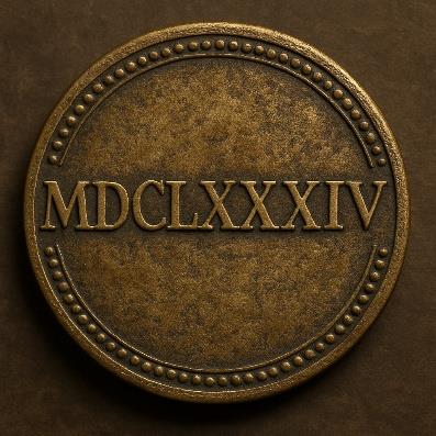Medalhão antigo de metal, circular, com a inscrição em algarismos romanos MDCLXXIV.