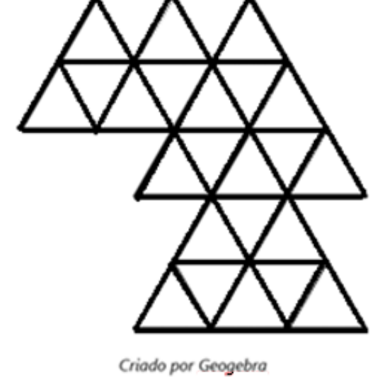 Figura formada por pequenos triângulos equiláteros de contorno preto, agrupados em três blocos triangulares sobrepostos em degrau (um no alto à esquerda, um no meio e um embaixo), criando ilusão de ótica. Legenda “Criado por Geogebra”.