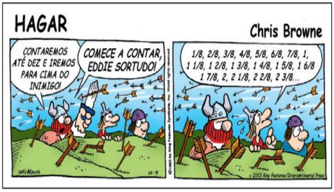 Tirinha HAGAR, de Chris Browne, em dois quadrinhos. 1º: em meio a uma chuva de flechas, um viking diz “Contaremos até dez e iremos para cima do inimigo!” e Hagar diz “Comece a contar, Eddie Sortudo!”. 2º: os vikings agachados enquanto Eddie Sortudo conta: “1/8, 2/8, 3/8, 4/8, 5/8, 6/8, 7/8, 1, 1 1/8, 1 2/8, 1 3/8, 1 4/8, 1 5/8, 1 6/8, 1 7/8, 2, 2 1/8, 2 2/8, 2 3/8...”.