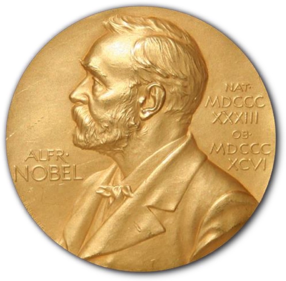Medalha dourada do Prêmio Nobel com o perfil de Alfred Nobel voltado para a esquerda. À esquerda do perfil, a inscrição “ALFR· NOBEL”; à direita, em algarismos romanos, “NAT· MDCCC XXXIII OB· MDCCC XCVI”.