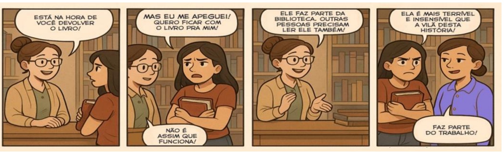 Tirinha em quatro quadrinhos numa biblioteca. 1º: a bibliotecária de óculos, atrás do balcão, diz à menina que segura um livro: “ESTÁ NA HORA DE VOCÊ DEVOLVER O LIVRO!”. 2º: a menina abraça o livro, contrariada: “MAS EU ME APEGUEI! QUERO FICAR COM O LIVRO PRA MIM!”; balão inferior, vindo da bibliotecária: “NÃO É ASSIM QUE FUNCIONA!”. 3º: a bibliotecária, gesticulando: “ELE FAZ PARTE DA BIBLIOTECA. OUTRAS PESSOAS PRECISAM LER ELE TAMBÉM!”. 4º: a menina, de cara fechada e braços cruzados sobre o livro, ao lado de uma mulher de blusa roxa; balão superior: “ELA É MAIS TERRÍVEL E INSENSÍVEL QUE A VILÃ DESTA HISTÓRIA!”; balão inferior, junto à mulher de blusa roxa: “FAZ PARTE DO TRABALHO!”.