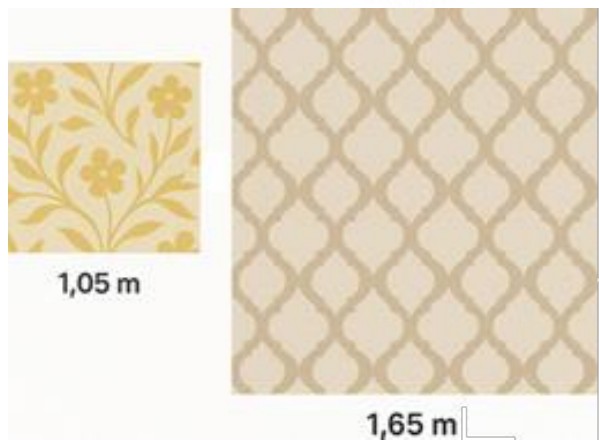 Dois papéis de parede quadrados: o menor, amarelo com estampa floral, com lado indicado de 1,05 m; o maior, bege com estampa de treliça, com lado indicado de 1,65 m.