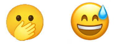 Dois emojis: rosto com a mão sobre a boca e rosto sorridente com uma gota de suor na testa.