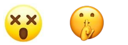 Dois emojis: rosto atordoado com olhos em X e boca aberta, e rosto com o dedo indicador diante da boca.