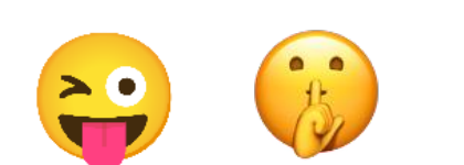Dois emojis: rosto piscando com a língua para fora e rosto com o dedo indicador diante da boca.