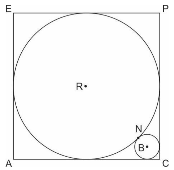 Quadrado de vértices E (superior esquerdo), P (superior direito), C (inferior direito) e A (inferior esquerdo), com circunferência inscrita de centro R; no canto C, uma circunferência menor de centro B, tangente aos lados PC e AC e tangente à circunferência maior no ponto N.