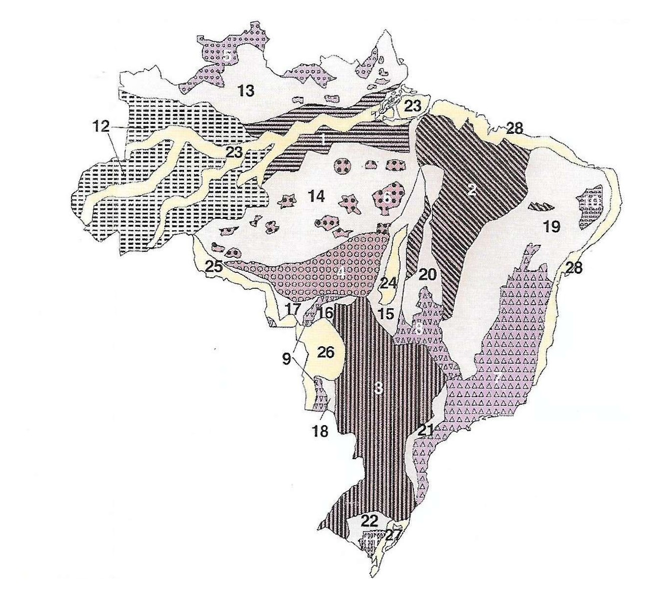 Mapa do Brasil com as unidades de relevo numeradas de 1 a 28, diferenciadas por cores e hachuras, segundo a classificação de Jurandyr Ross.