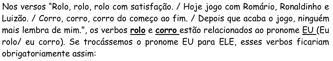 Trecho do enunciado da questão 19 com os verbos “rolo” e “corro” em negrito e sublinhado e o pronome “EU” sublinhado.