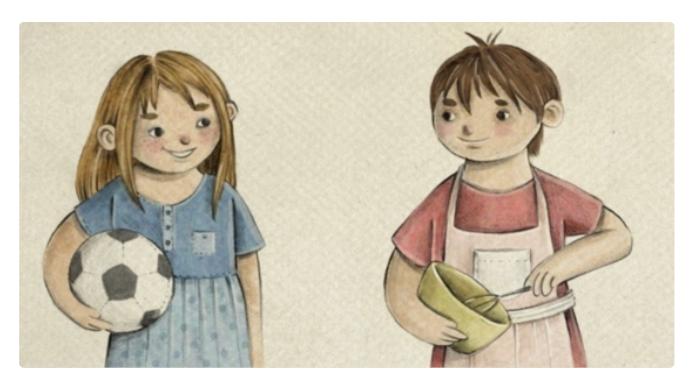 Ilustração de uma menina segurando uma bola de futebol e de um menino de avental mexendo uma tigela, ambos sorrindo.