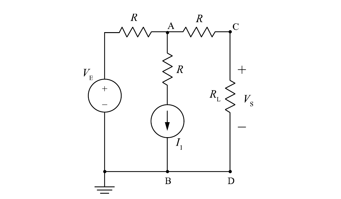 Circuito elétrico: fonte de tensão VE à esquerda, em série com resistor R até o nó A; do nó A, um resistor R em série com fonte de corrente I1 (seta para baixo) desce até o nó B, na referência (terra); do nó A, outro resistor R segue até o nó C; entre os nós C e D está o resistor RL, sobre o qual se indica a tensão VS (+ em C, − em D). Os nós B e D estão na linha inferior, ligada ao terra.