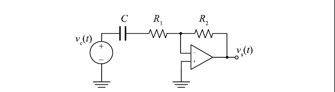 Circuito com amplificador operacional: fonte ve(t) em série com capacitor C e resistor R1 ligados à entrada inversora; resistor R2 de realimentação entre a saída e a entrada inversora; entrada não inversora ligada ao terra; saída vs(t).