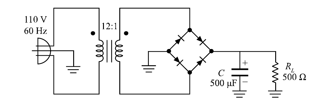 Fonte de alimentação: tomada de 110 V, 60 Hz ligada ao primário de um transformador 12:1; o secundário alimenta uma ponte retificadora de quatro diodos; na saída da ponte, capacitor C de 500 µF em paralelo com o resistor de carga RL de 500 Ω.