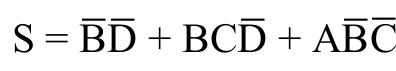 S = (B barrado)(D barrado) + B·C·(D barrado) + A·(B barrado)·(C barrado)