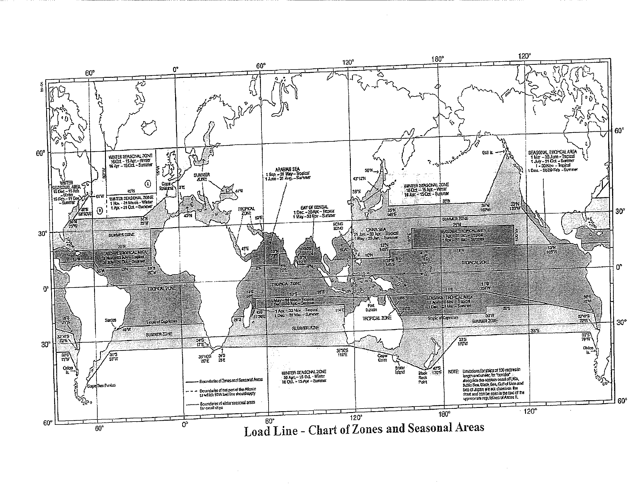 Carta mundial de linhas de carga (Load Line - Chart of Zones and Seasonal Areas) com as zonas tropical, de verão e de inverno e as áreas sazonais delimitadas por latitudes e longitudes.