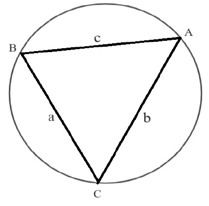 Triângulo ABC inscrito em circunferência: B à esquerda no alto, A à direita no alto, C embaixo; lados c (BA), a (BC) e b (AC).