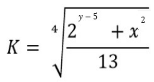 K é igual à raiz quarta de (2 elevado a (y − 5) mais x ao quadrado) dividido por 13.