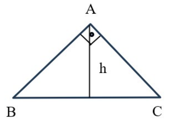 Triângulo ABC com ângulo reto em A (no alto) e base BC; altura h traçada de A até a base BC.