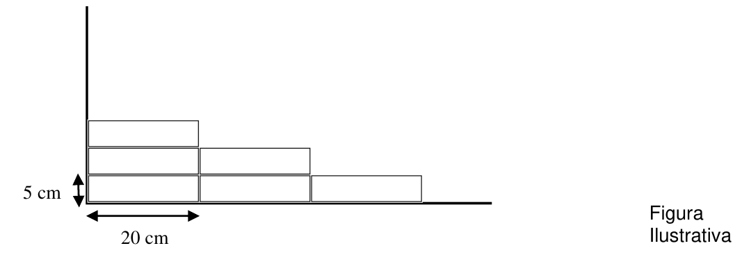 Tijolos retangulares empilhados em fileiras horizontais (3, 2 e 1 tijolos, de baixo para cima), com cotas de 5 cm na altura e 20 cm no comprimento de um tijolo. Figura ilustrativa.