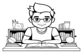 Desenho em preto e branco de um menino de óculos sentado a uma mesa, lendo um livro aberto, com livros e objetos de estudo ao fundo.
