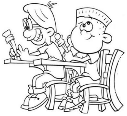 Desenho em preto e branco de dois meninos sentados em carteiras escolares, um deles sorrindo e escrevendo, o outro olhando para cima.
