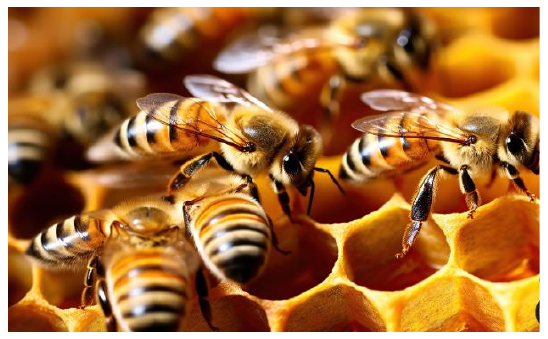 Fotografia de abelhas sobre favos hexagonais de uma colmeia.