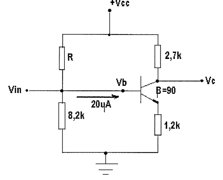 Transistor com β = 90 polarizado por divisor de tensão (R e 8,2k), resistor de coletor 2,7k, resistor de emissor 1,2k, alimentação +Vcc, entrada Vin, saída Vc e corrente de base de 20 μA.