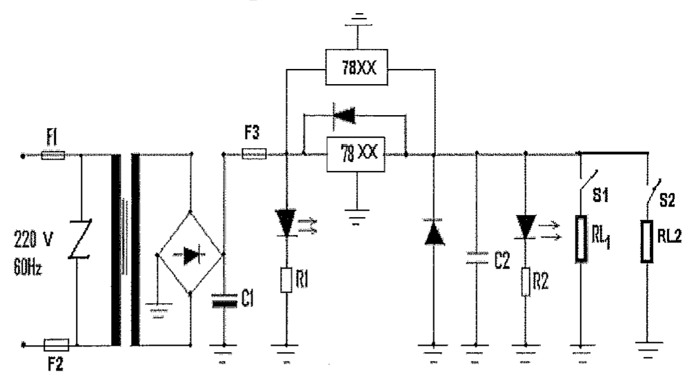 Fonte de 220 V/60Hz com fusíveis F1 e F2, transformador, ponte retificadora, capacitor C1, fusível F3, reguladores 78XX, LEDs com R1 e R2, diodo, capacitor C2 e cargas RL1 e RL2 com chaves S1 e S2.