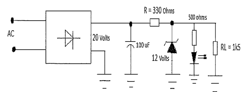 Fonte com entrada AC, retificador de 20 Volts, capacitor de 100 uF, resistor R = 330 Ohms, zener de 12 Volts, ramo com resistor de 500 ohms e LED, e carga RL = 1k5.