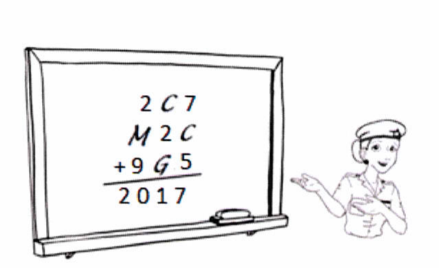 Ilustração de uma professora ao lado de um quadro-negro com a adição armada: 2C7 + M2C + 9G5 = 2017.