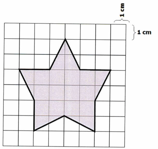 Estrela de cinco pontas desenhada sobre malha quadriculada de 8 por 8 quadrados; cada quadrado tem lado de 1 cm.