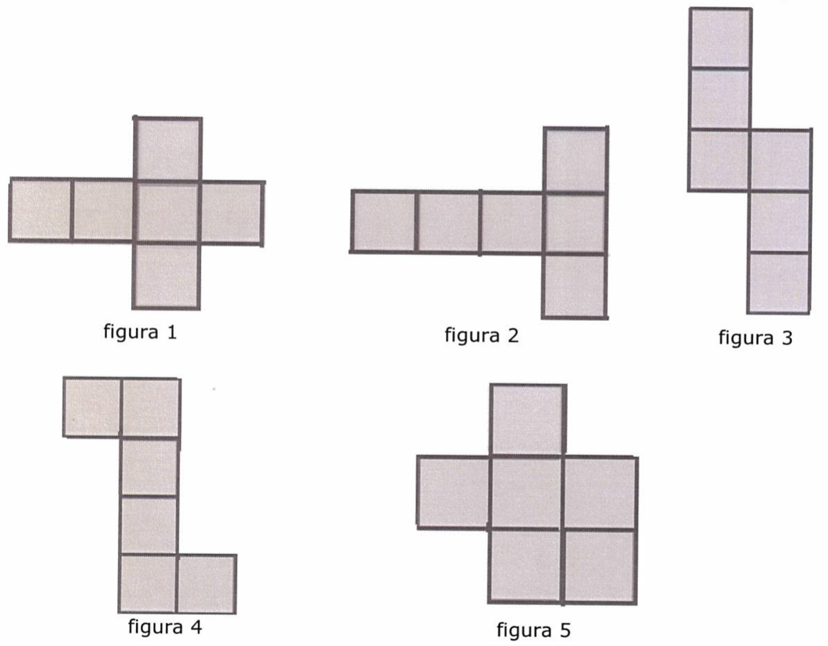 Cinco figuras formadas por seis quadrados, rotuladas de figura 1 a figura 5. Figura 1: cruz com quatro quadrados em linha e um quadrado acima e outro abaixo do terceiro. Figura 2: três quadrados em linha seguidos de uma coluna vertical de três quadrados ligada pelo quadrado central. Figura 3: coluna de três quadrados e, deslocada à direita a partir do terceiro, outra coluna de três quadrados. Figura 4: dois quadrados no topo, coluna de quatro quadrados e um quadrado à direita da base. Figura 5: um quadrado no topo, uma linha de três quadrados e dois quadrados abaixo formando um bloco 2 por 2 com a linha.